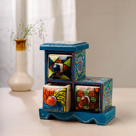 Buy Neem Wood Hand Painted Blue Pottery Ceramic Triple Drawer Online at iTokri.com