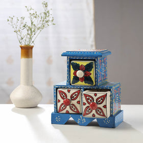  Neem Wood Hand Painted Blue Pottery Ceramic Triple Drawer 
