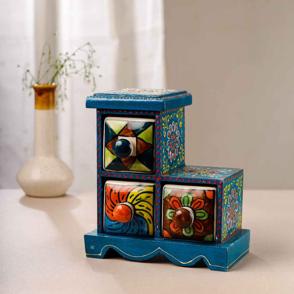 Buy Neem Wood Hand Painted Blue Pottery Ceramic Triple Drawer Online at iTokri.com