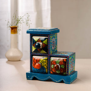 Buy Neem Wood Hand Painted Blue Pottery Ceramic Triple Drawer Online at iTokri.com