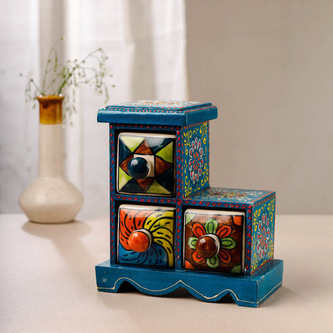 Buy Neem Wood Hand Painted Blue Pottery Ceramic Triple Drawer Online at iTokri.com