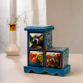 Buy Neem Wood Hand Painted Blue Pottery Ceramic Triple Drawer Online at iTokri.com