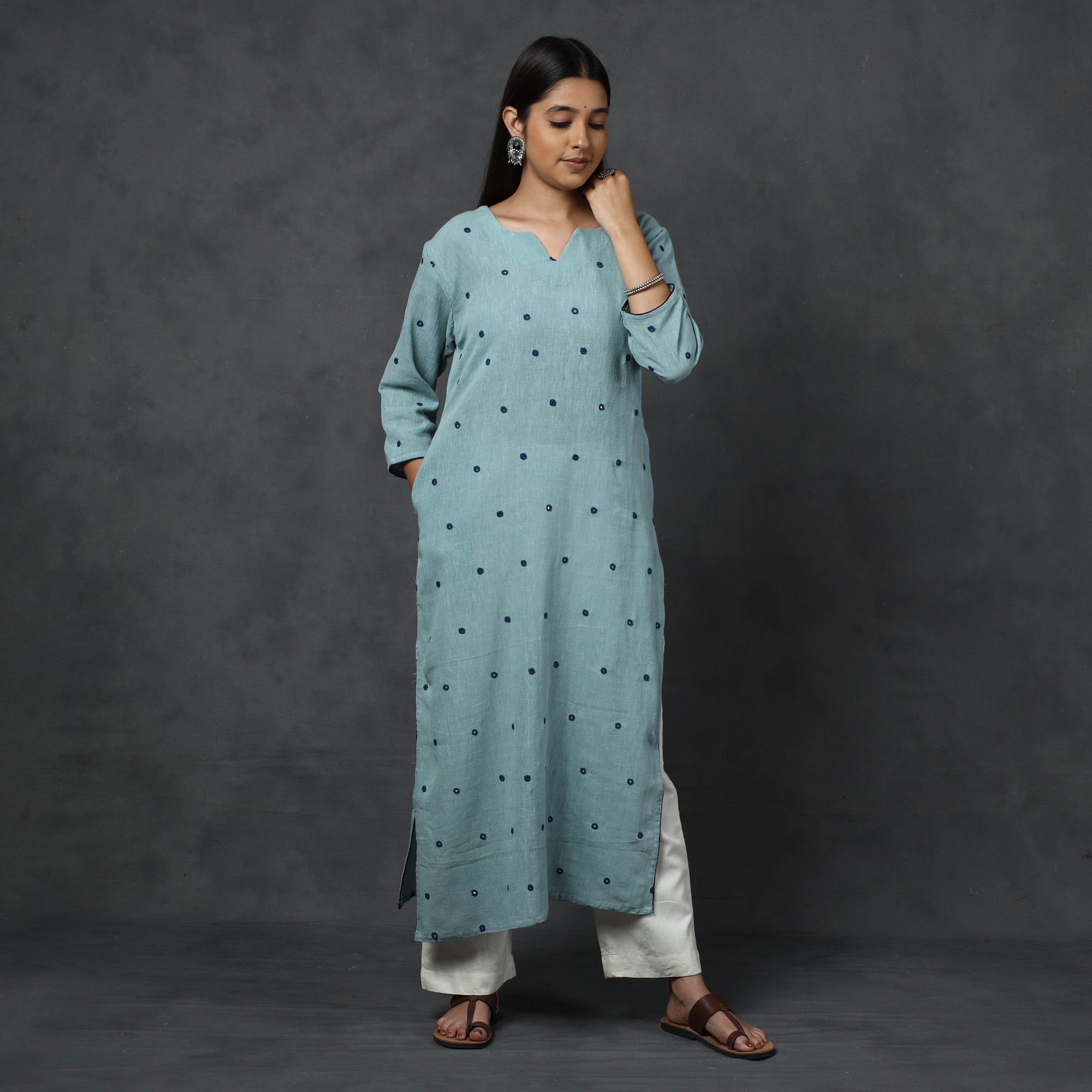 Organic Kala Cotton Handloom Mirror Work Long Kurta for Women