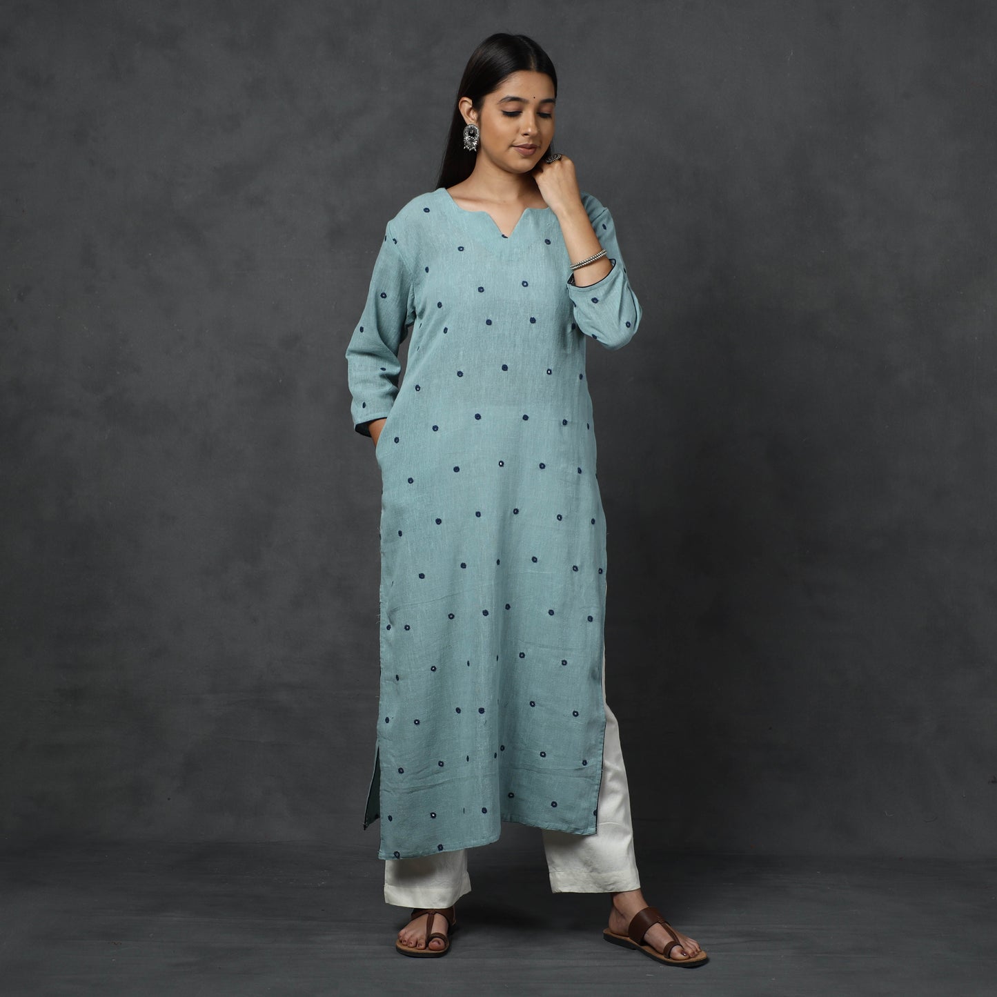 Organic Kala Cotton Handloom Mirror Work Long Kurta for Women