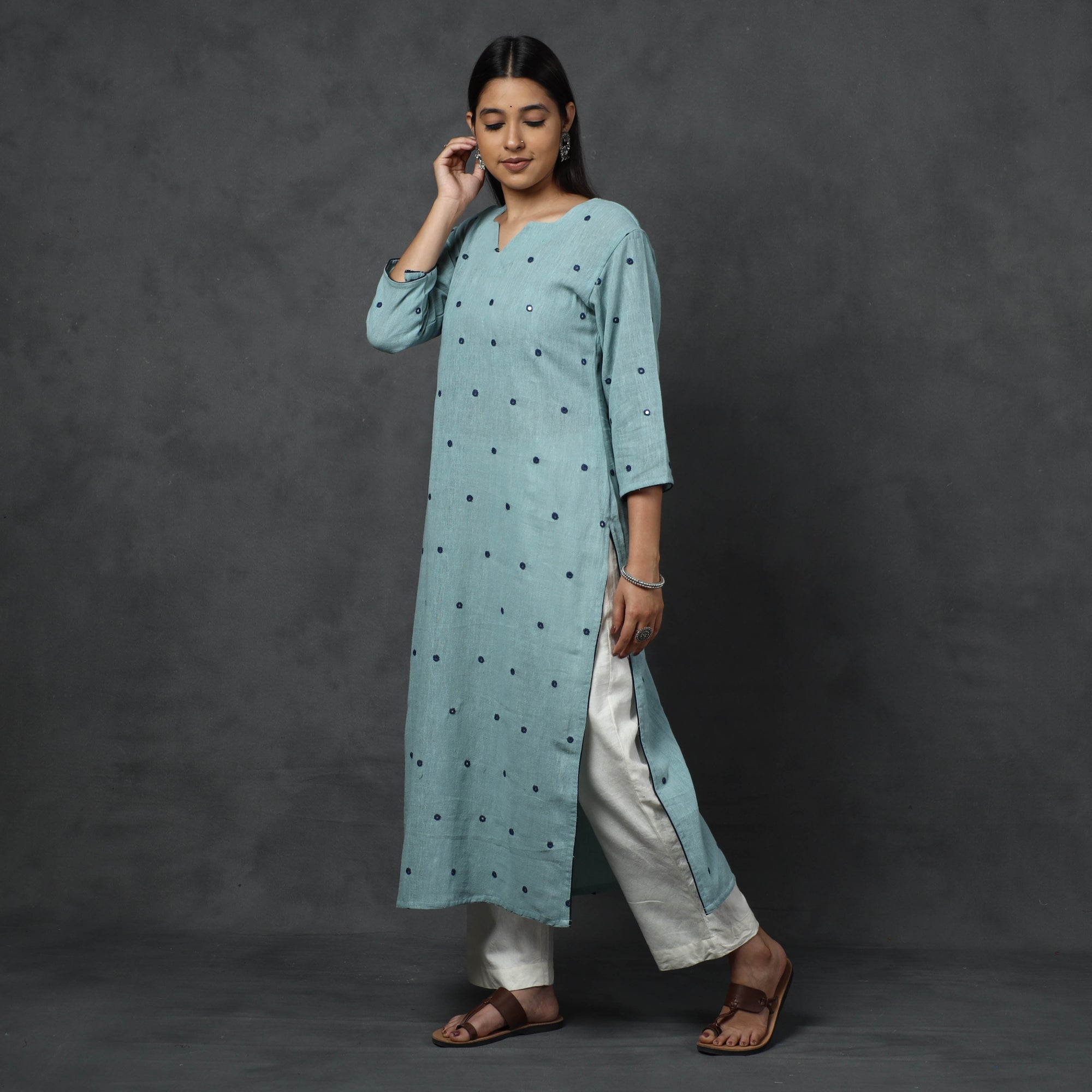 Organic Kala Cotton Handloom Mirror Work Long Kurta for Women