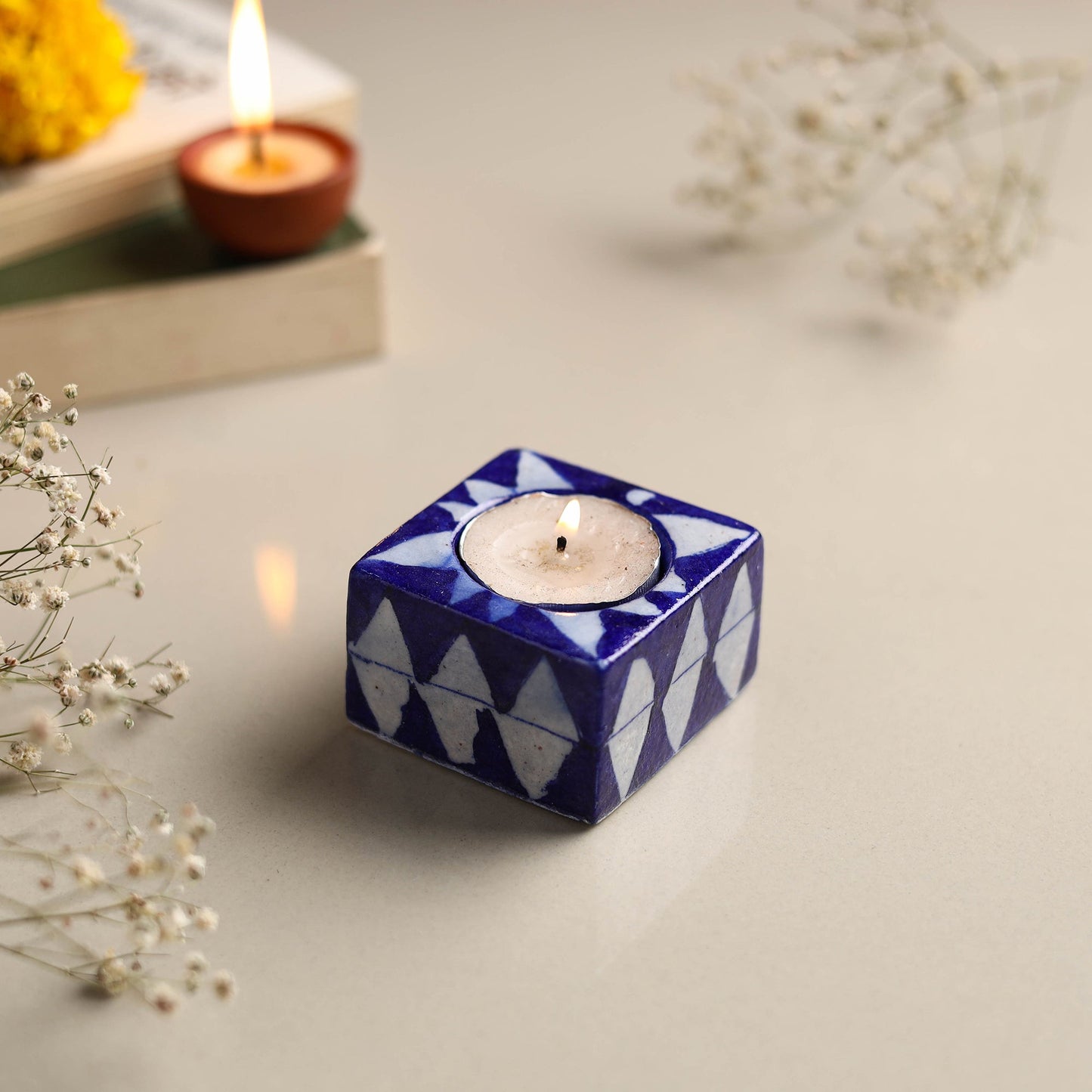  Original Blue Pottery Ceramic Tealight Candle Holder 