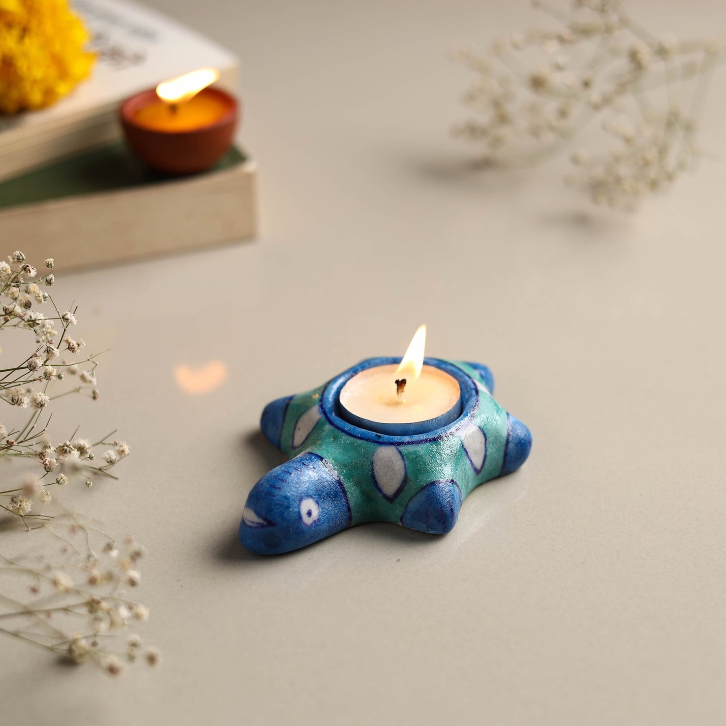  Original Blue Pottery Ceramic Tealight Candle Holder 