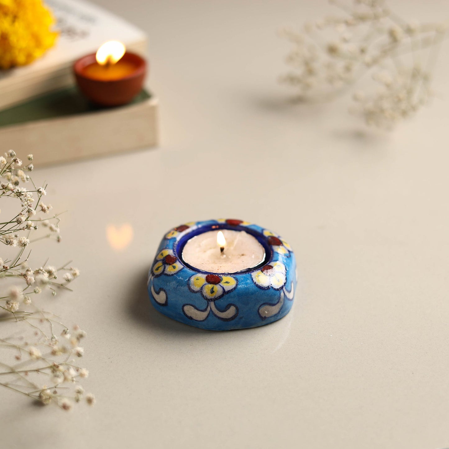 Original Blue Pottery Ceramic Tealight Candle Holder 