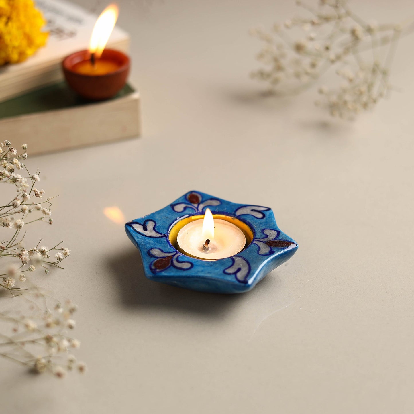  Original Blue Pottery Ceramic Tealight Candle Holder 