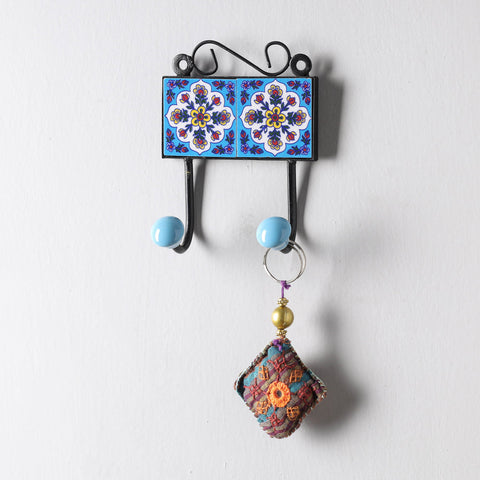  Original Blue Pottery Ceramic Tile Wall Hook Hanger (2 Peg) 