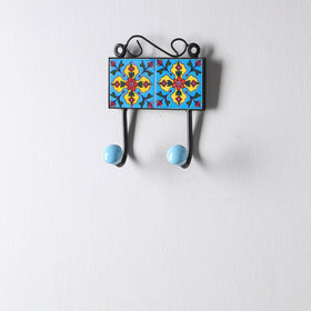 Original Blue Pottery Ceramic Tile Wall Hook Hanger (2 Peg) 