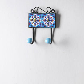  Original Blue Pottery Ceramic Tile Wall Hook Hanger (2 Peg) 
