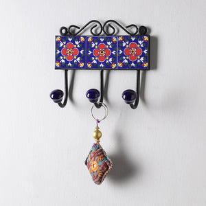  Original Blue Pottery Ceramic Tile Wall Hook Hanger (3 Peg) 