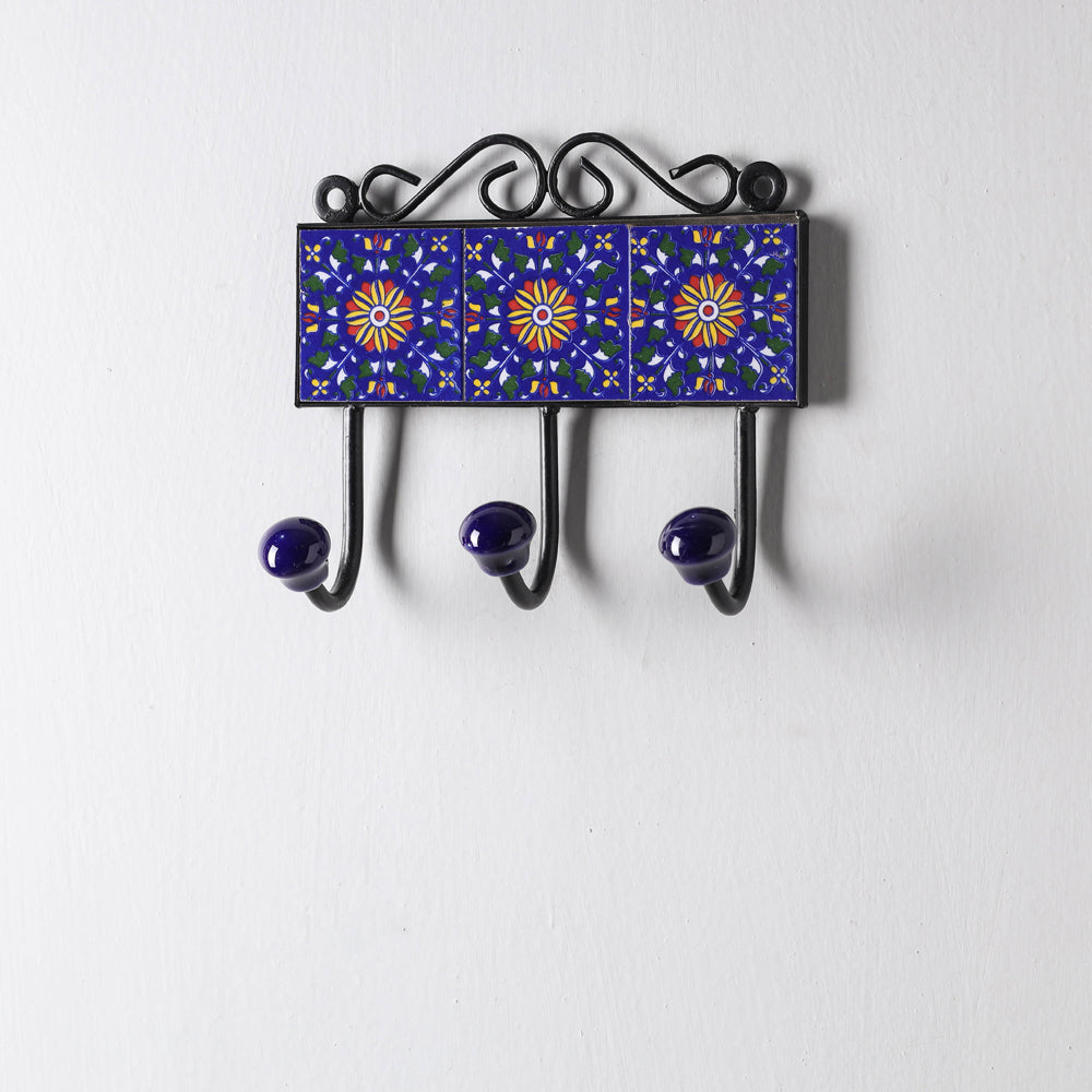  Original Blue Pottery Ceramic Tile Wall Hook Hanger (3 Peg) 