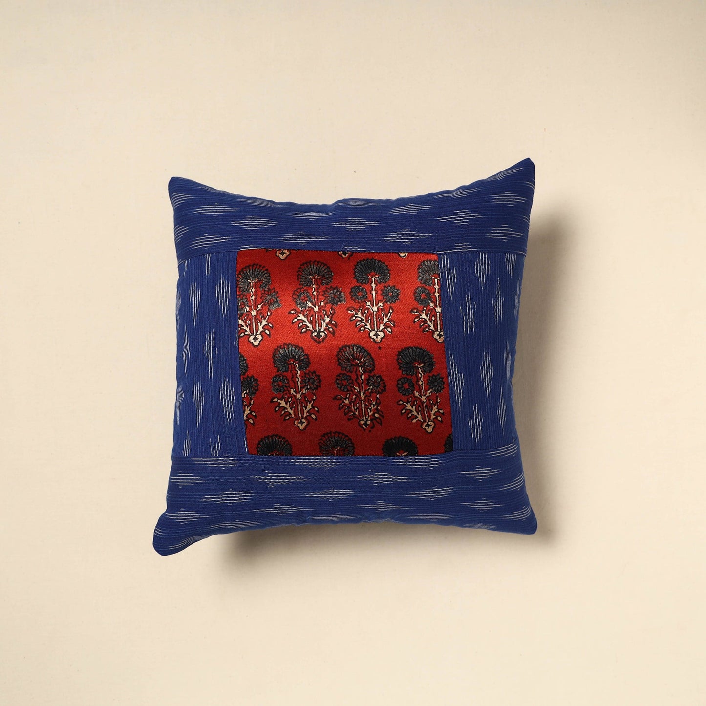 Blue Ajrakh Patch Ikat Cushion Cover