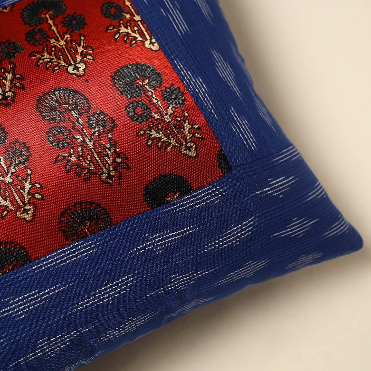 Blue Ajrakh Patch Ikat Cushion Cover