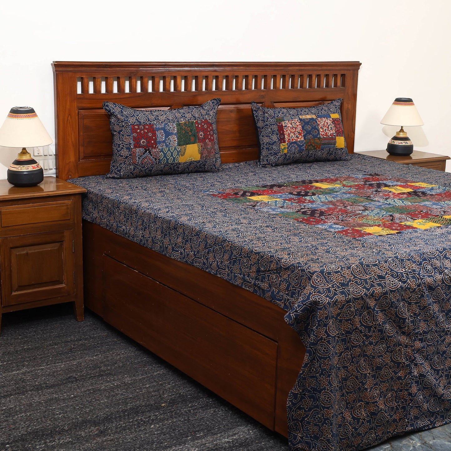Blue - Patchwork Block Print Ajrakh Cotton Double Bed Sheet Set 05