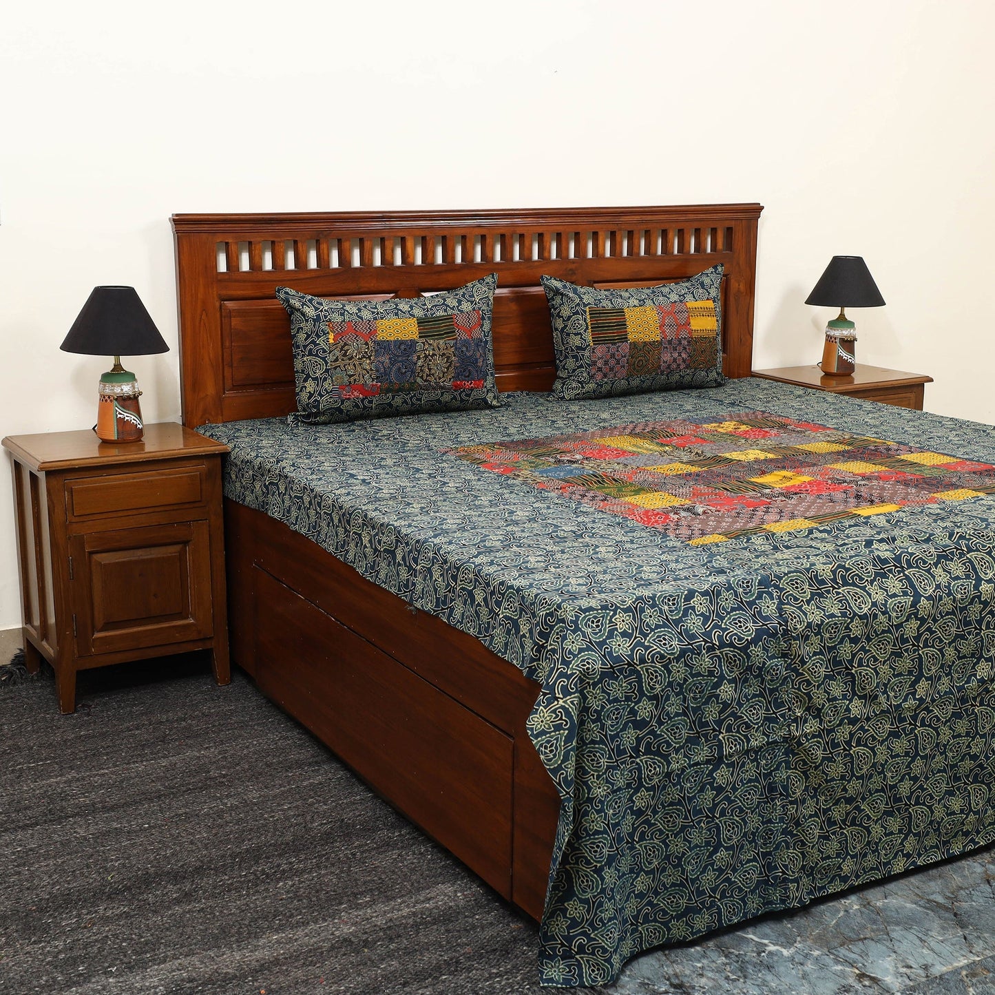  Blue Patchwork Cotton Double Ajrakh Bed Sheet Set 