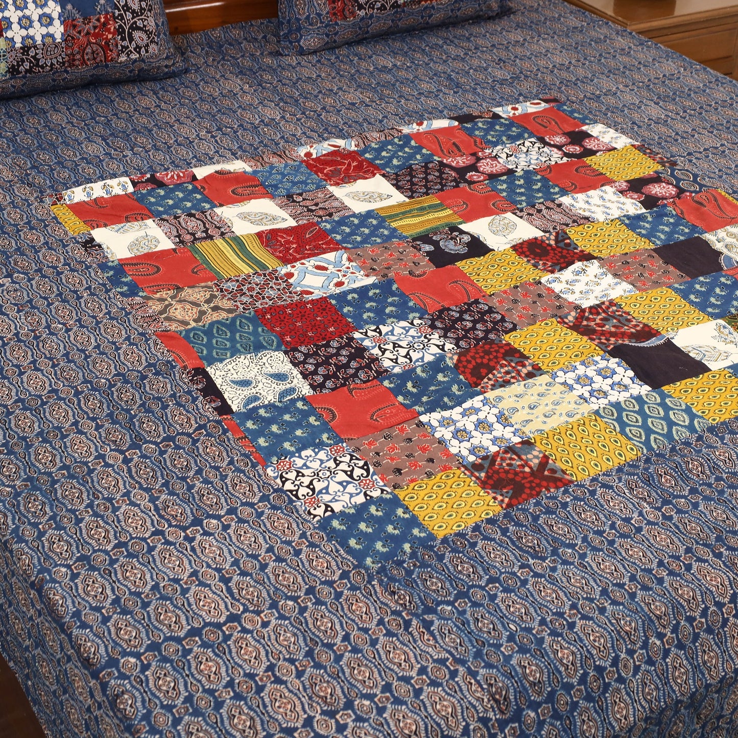 Blue - Patchwork Block Print Ajrakh Cotton Double Bed Sheet Set 01