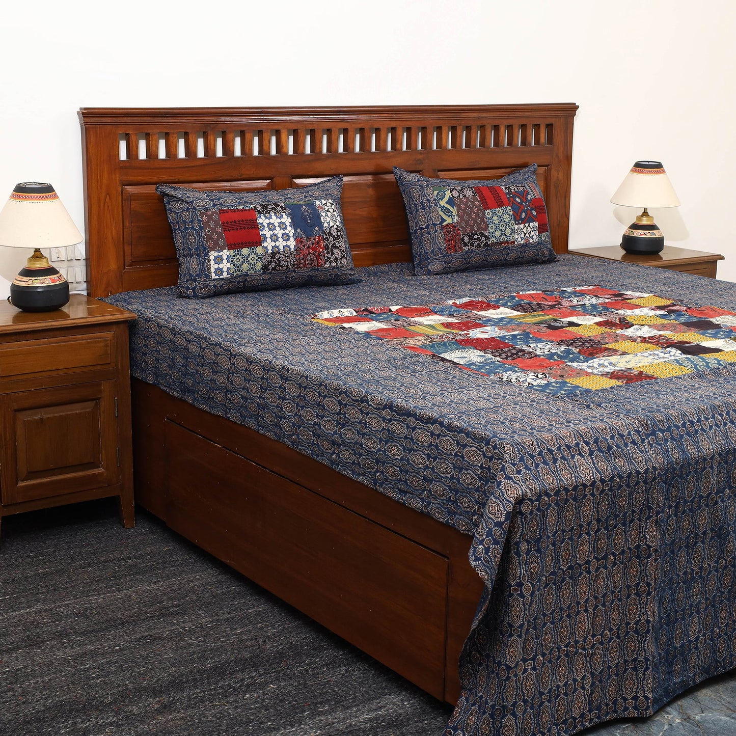 Blue - Patchwork Block Print Ajrakh Cotton Double Bed Sheet Set 01