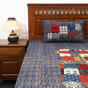 Blue - Patchwork Block Print Ajrakh Cotton Double Bed Sheet Set 01
