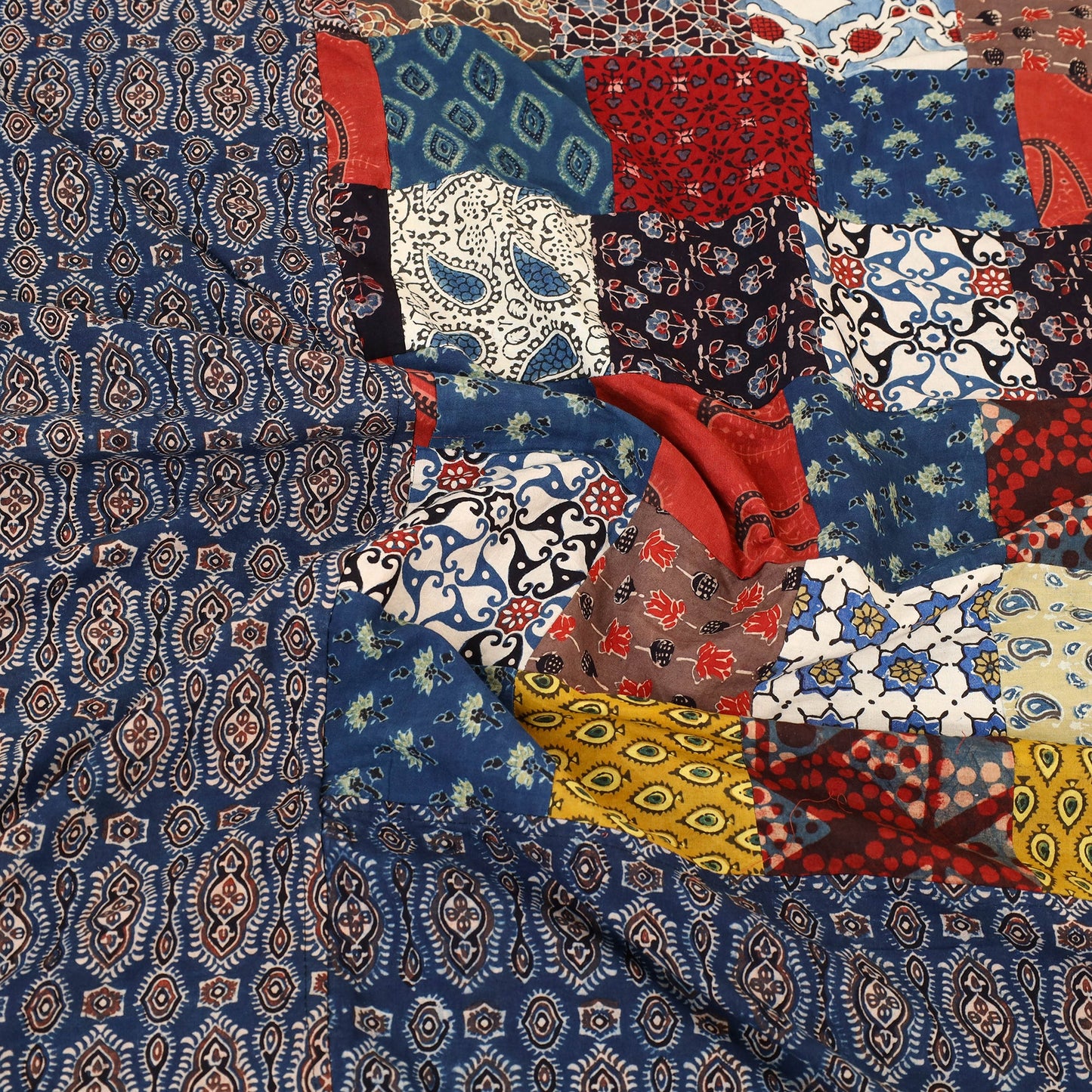 Blue - Patchwork Block Print Ajrakh Cotton Double Bed Sheet Set 01