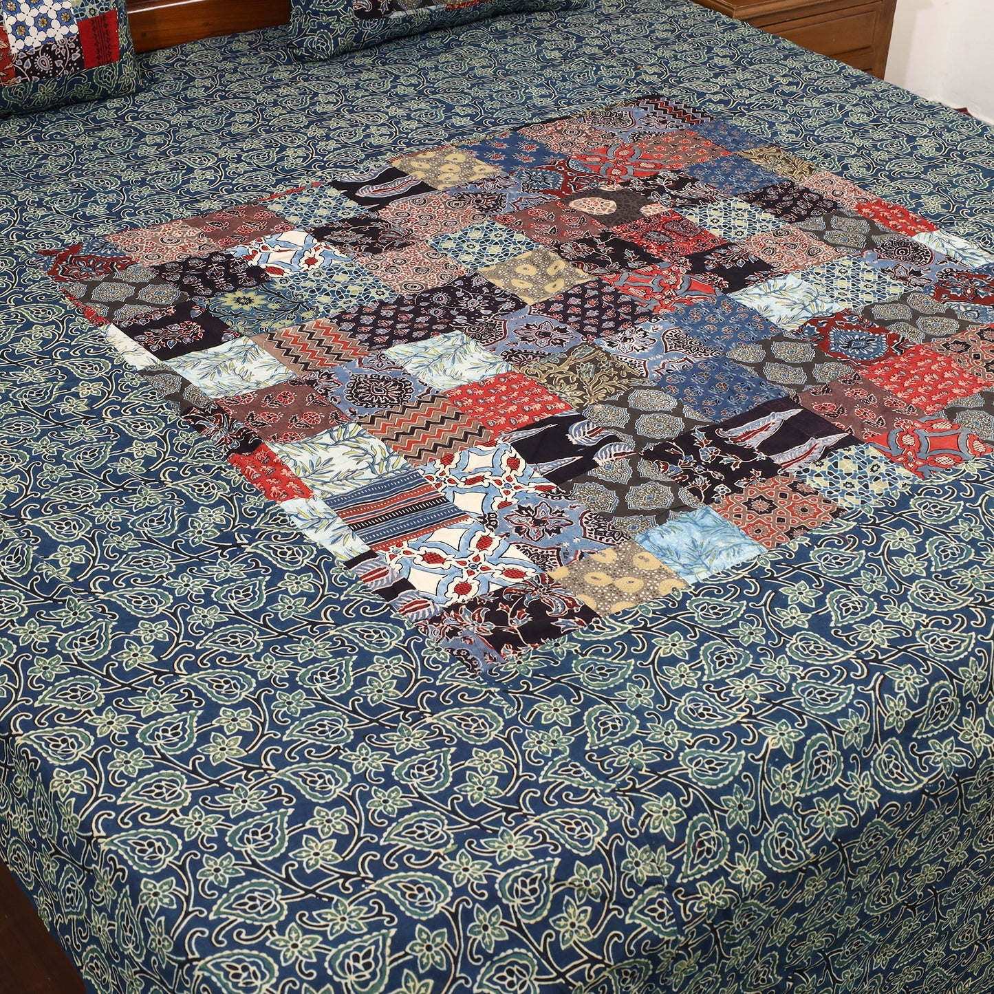 Blue - patchwork cotton double bed sheet set 03