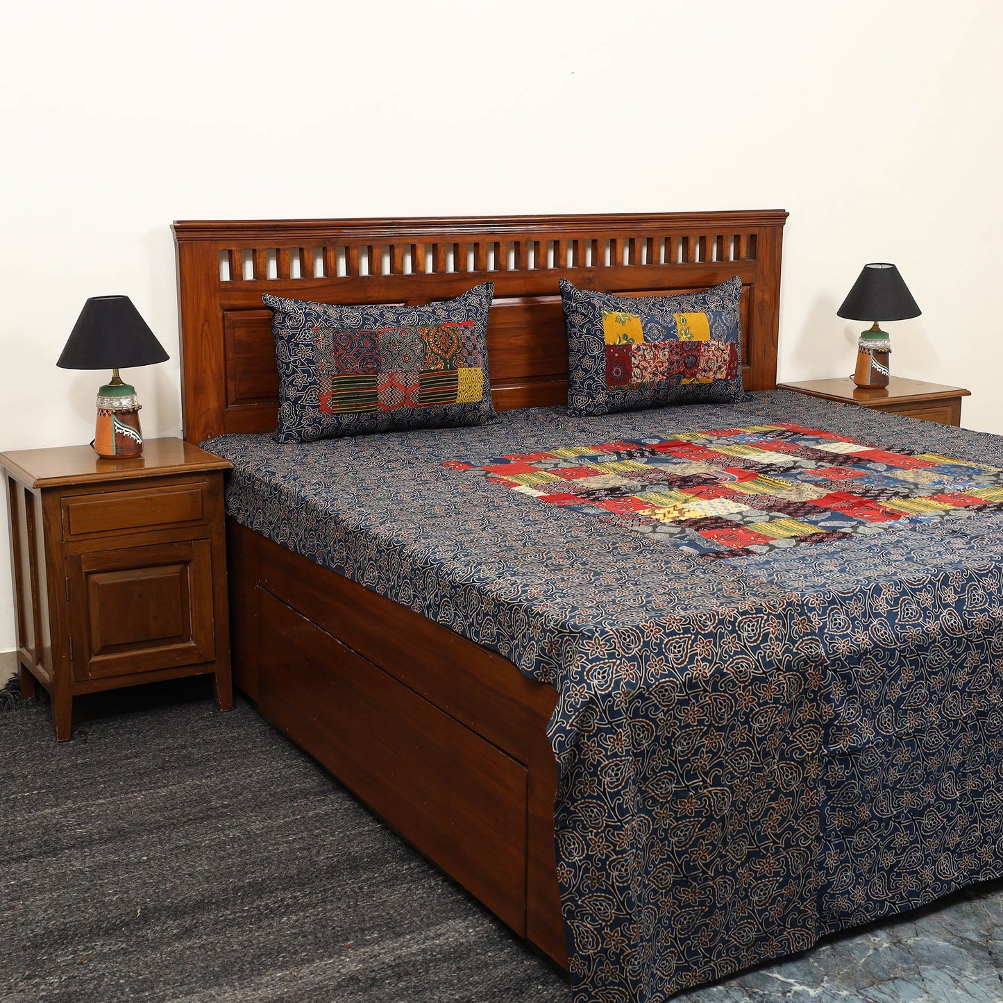 Blue - patchwork cotton double bed sheet set 03