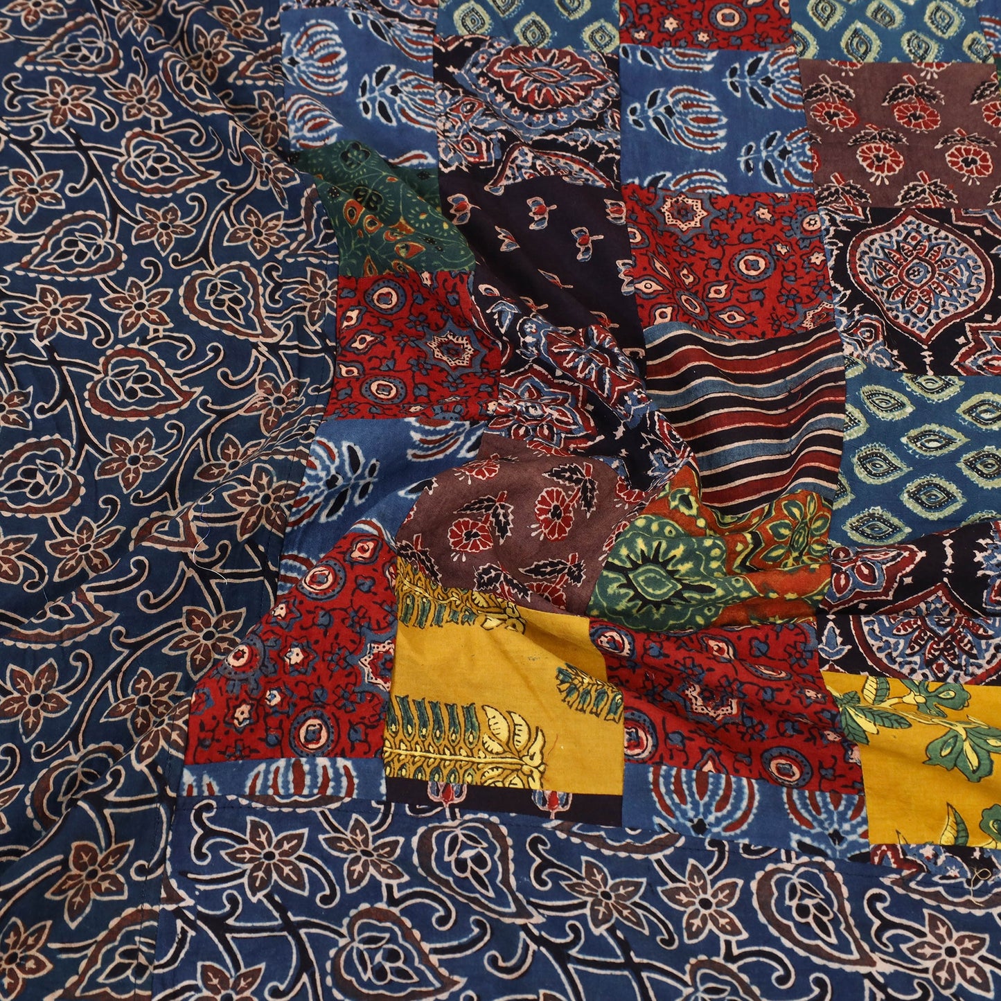 Blue - Patchwork Block Print Ajrakh Cotton Double Bed Sheet Set 05