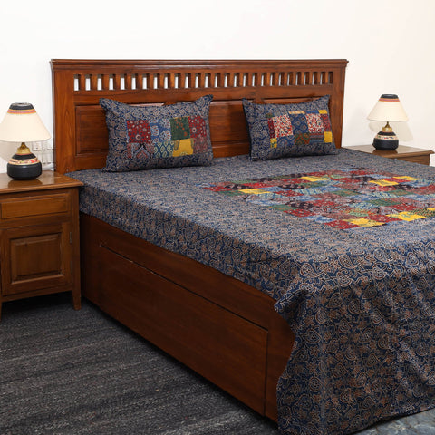 Blue - Patchwork Block Print Ajrakh Cotton Double Bed Sheet Set 05