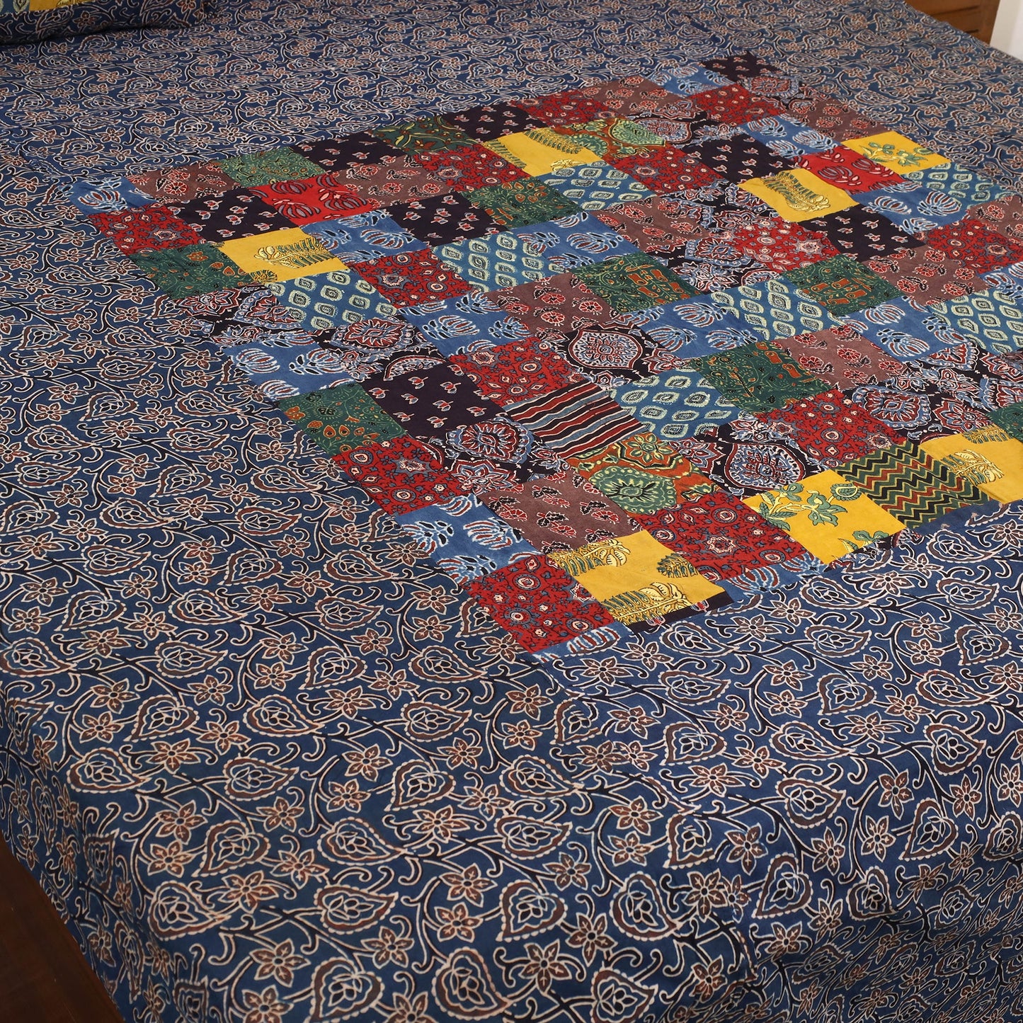 Blue - Patchwork Block Print Ajrakh Cotton Double Bed Sheet Set 05