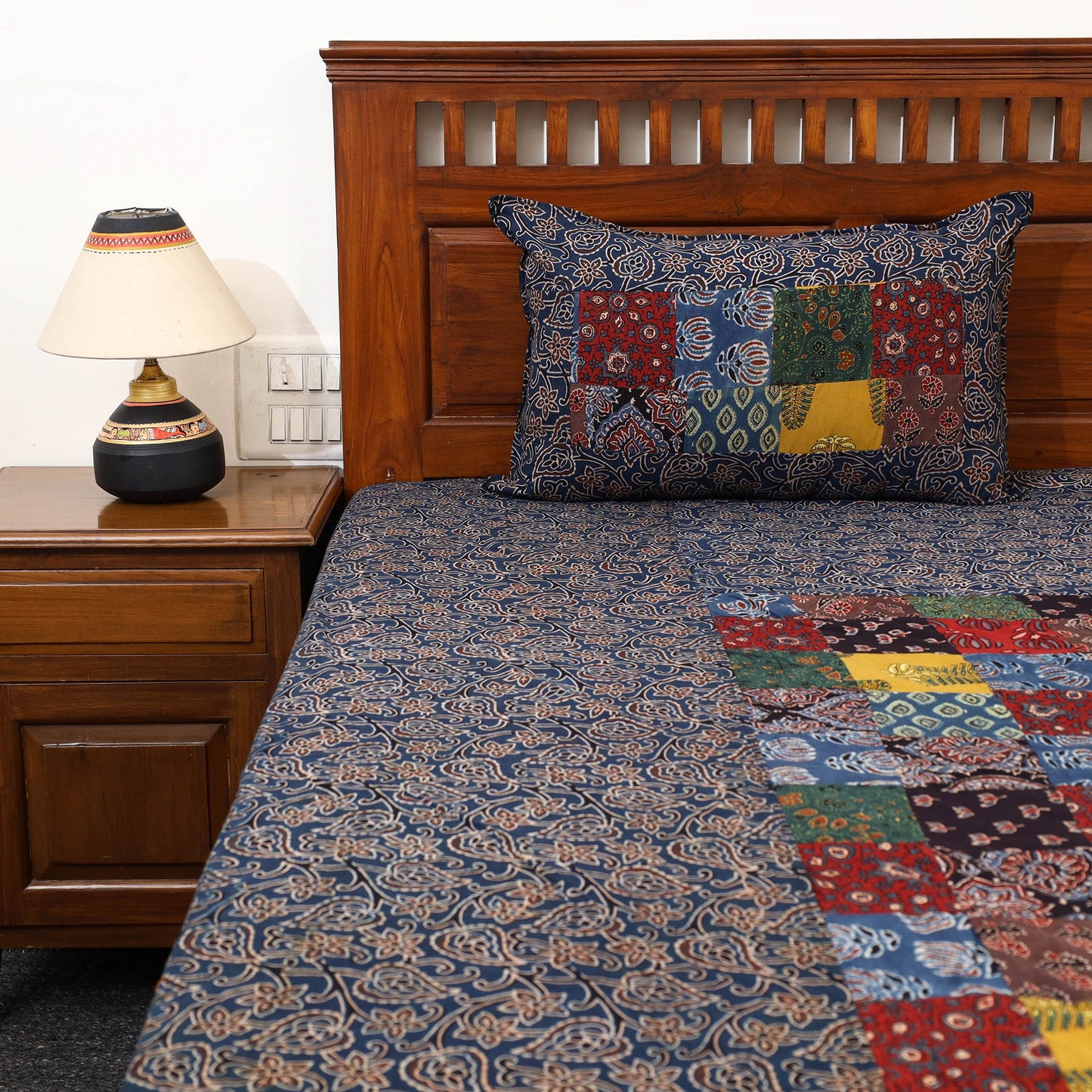 Blue - Patchwork Block Print Ajrakh Cotton Double Bed Sheet Set 05