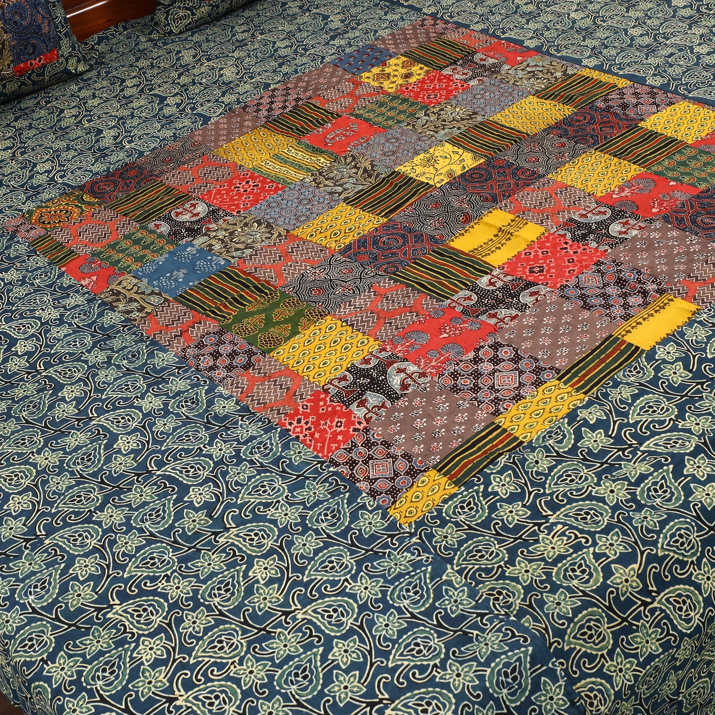  Blue Patchwork Cotton Double Ajrakh Bed Sheet Set 