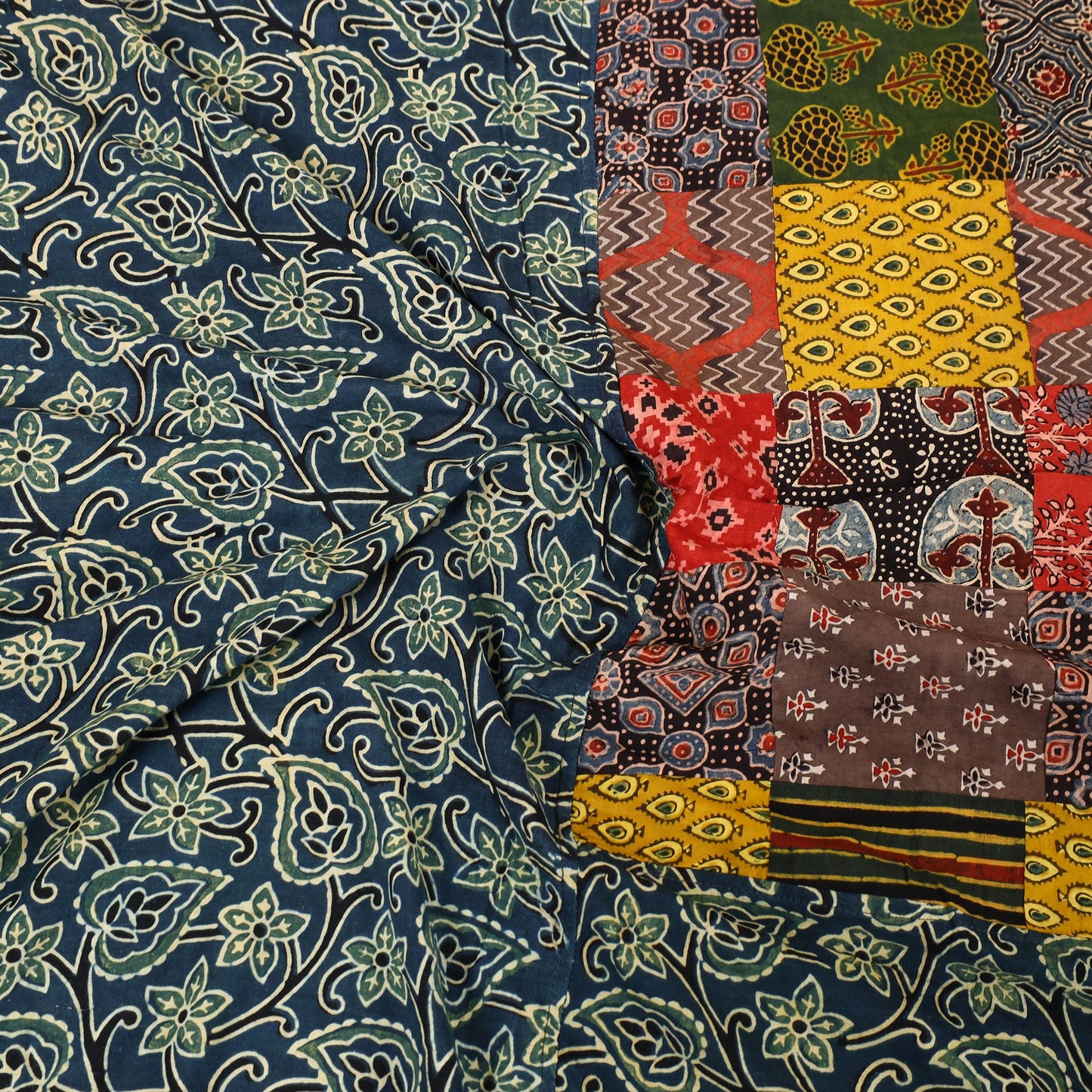  Blue Patchwork Cotton Double Ajrakh Bed Sheet Set 