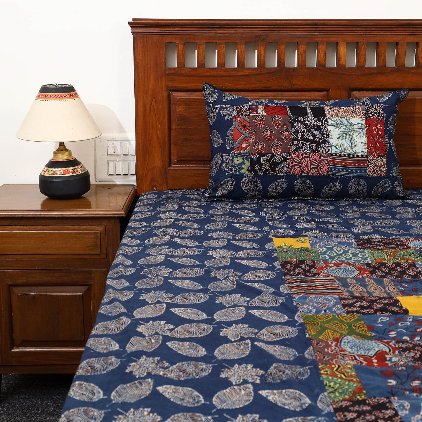 Blue Patchwork Ajrakh Cotton Double Bed Sheet Set