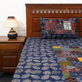 Blue Patchwork Ajrakh Cotton Double Bed Sheet Set