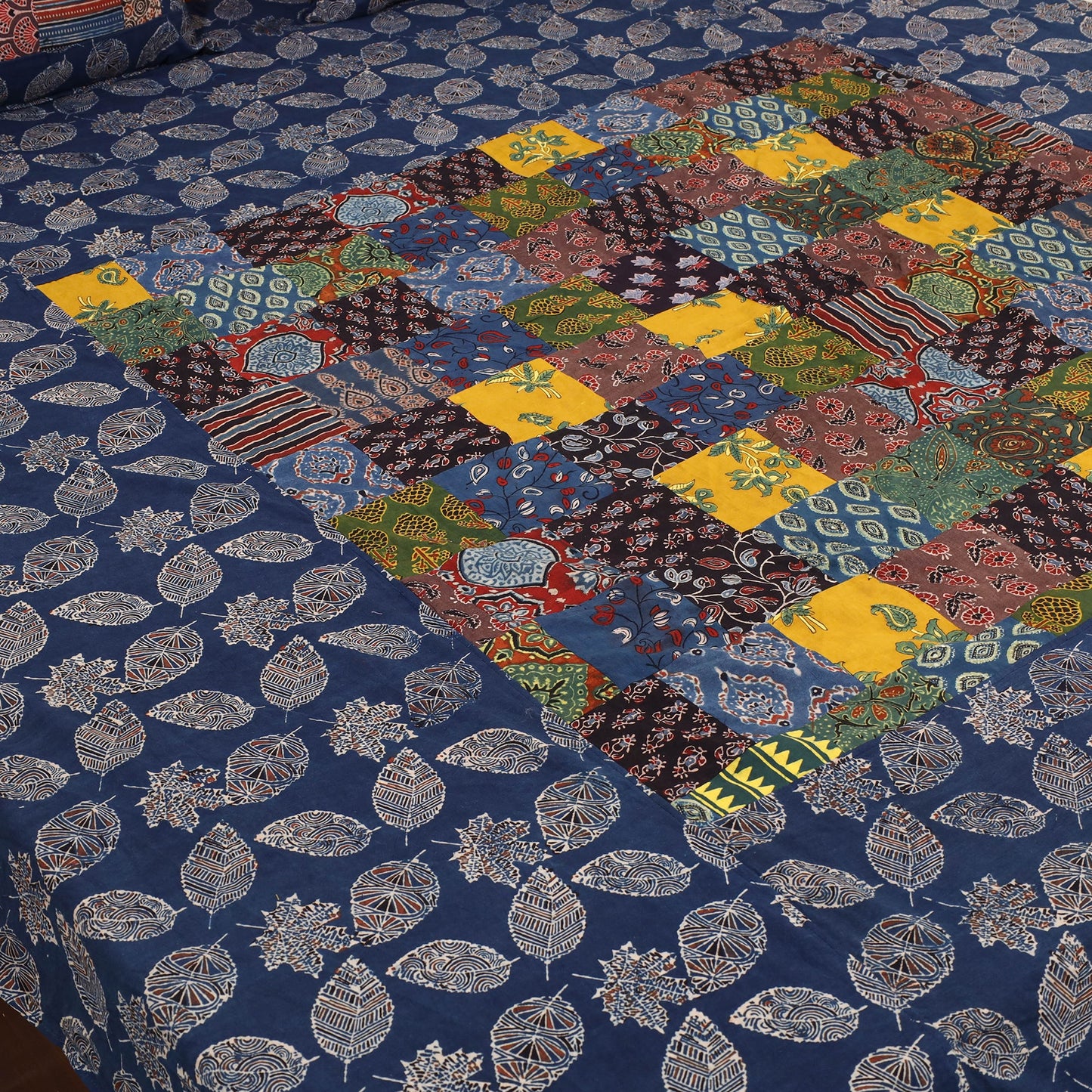 Blue Patchwork Ajrakh Cotton Double Bed Sheet Set