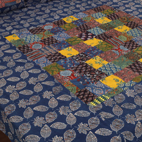 Blue Patchwork Ajrakh Cotton Double Bed Sheet Set