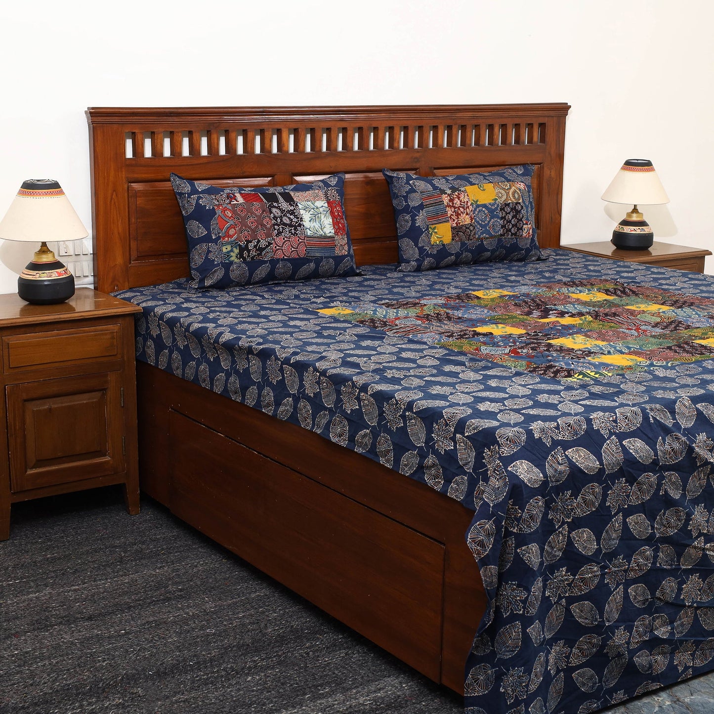 Blue Patchwork Ajrakh Cotton Double Bed Sheet Set