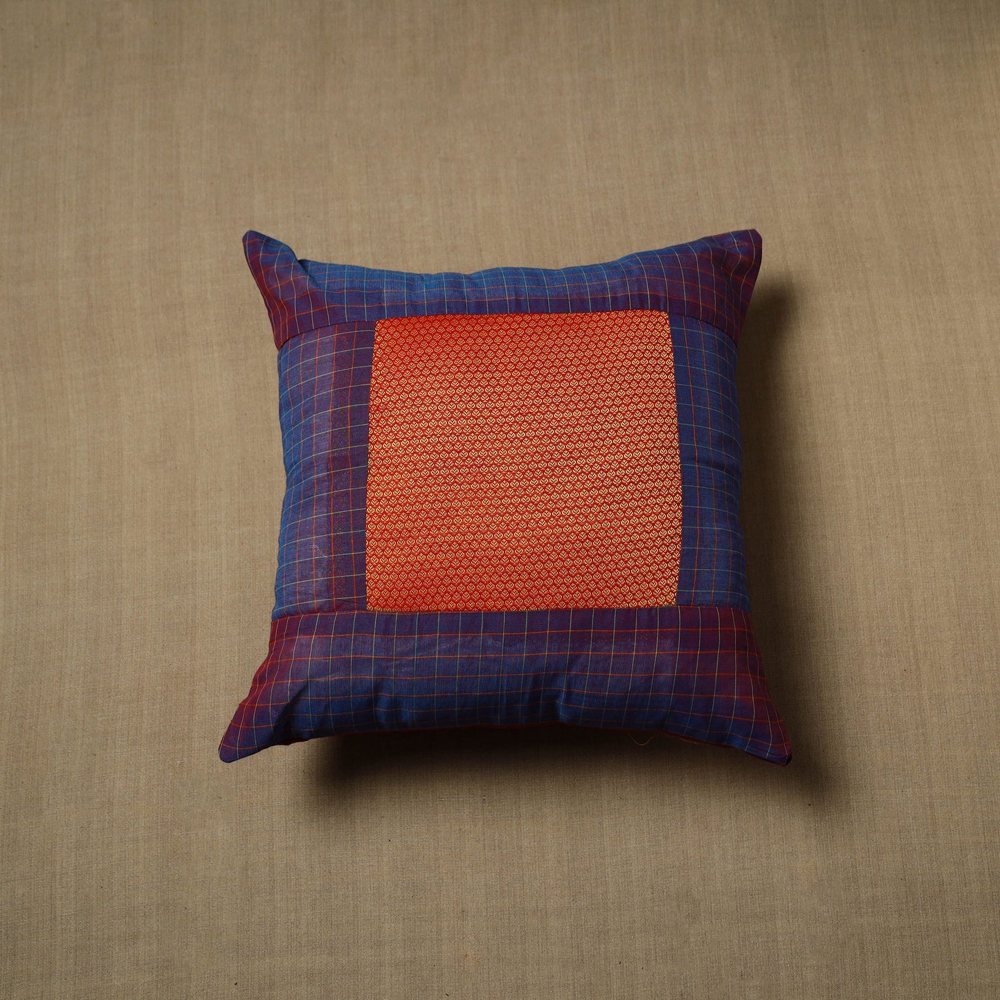 Blue - Patchwork Cotton Kanchipuram Cushion Cover (16 x 16 in) 30