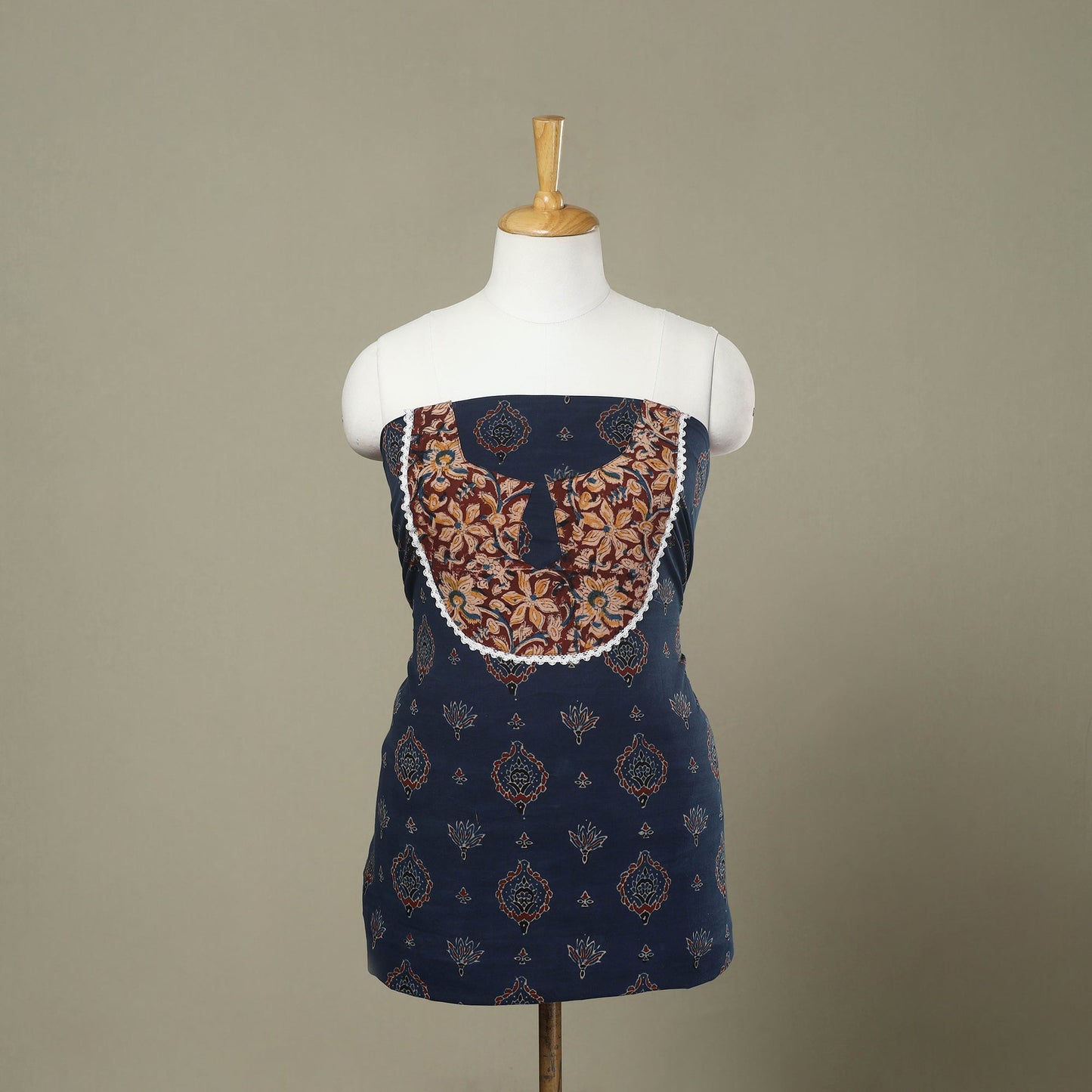 Buy Blue Ajrakh Print Patchwork Cotton Kurta Material