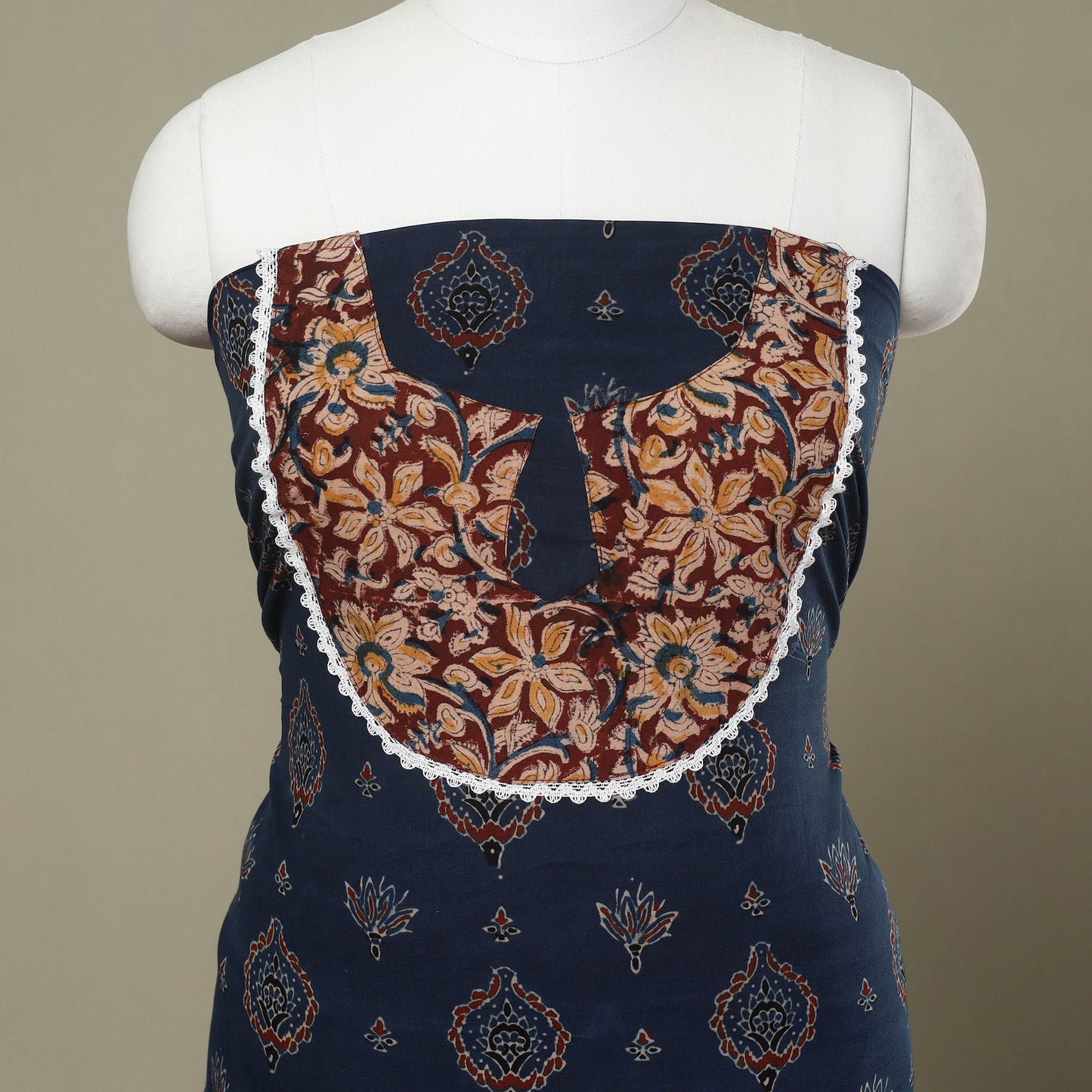 Buy Blue Ajrakh Print Patchwork Cotton Kurta Material