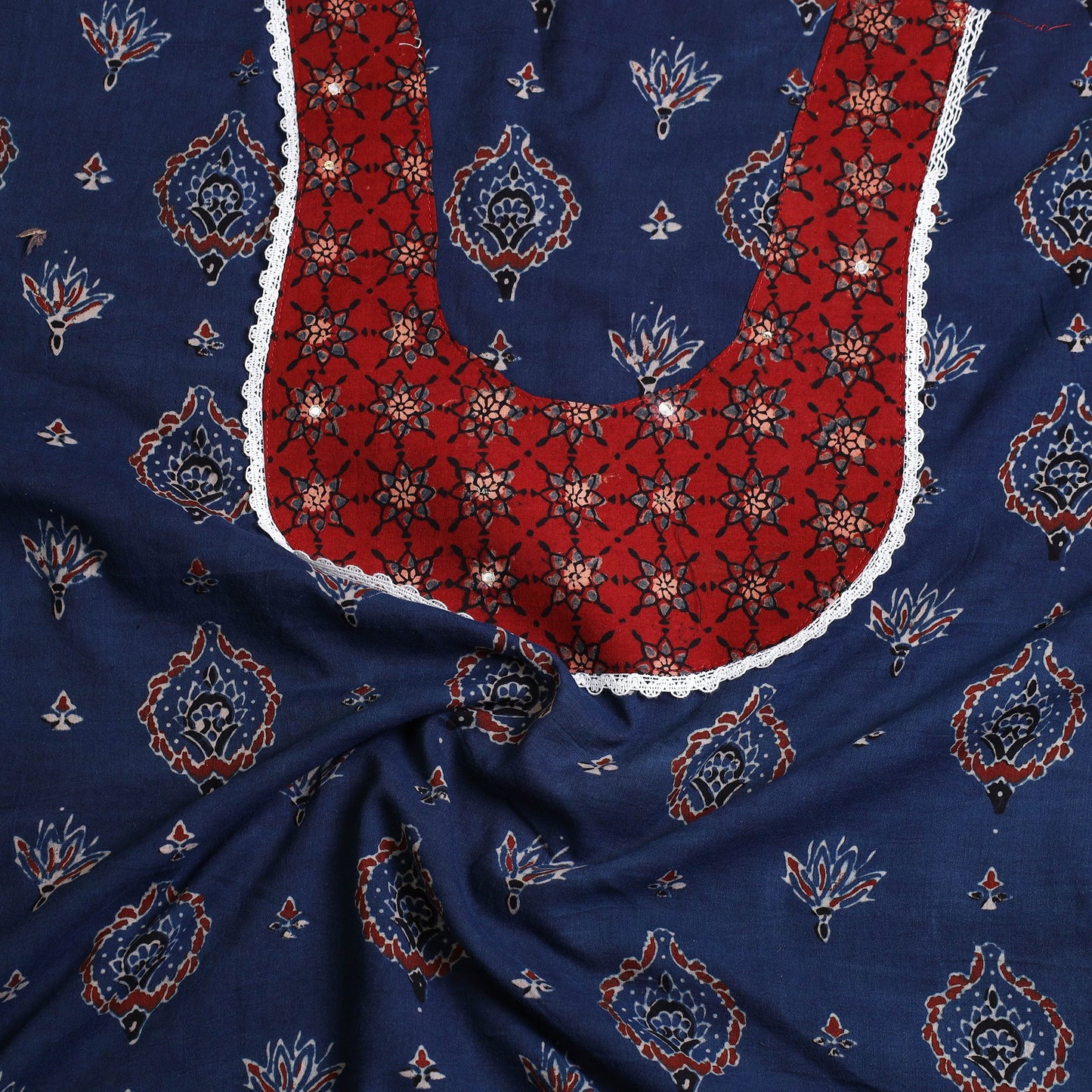  Blue Ajrakh Print Patchwork Cotton Kurta Material