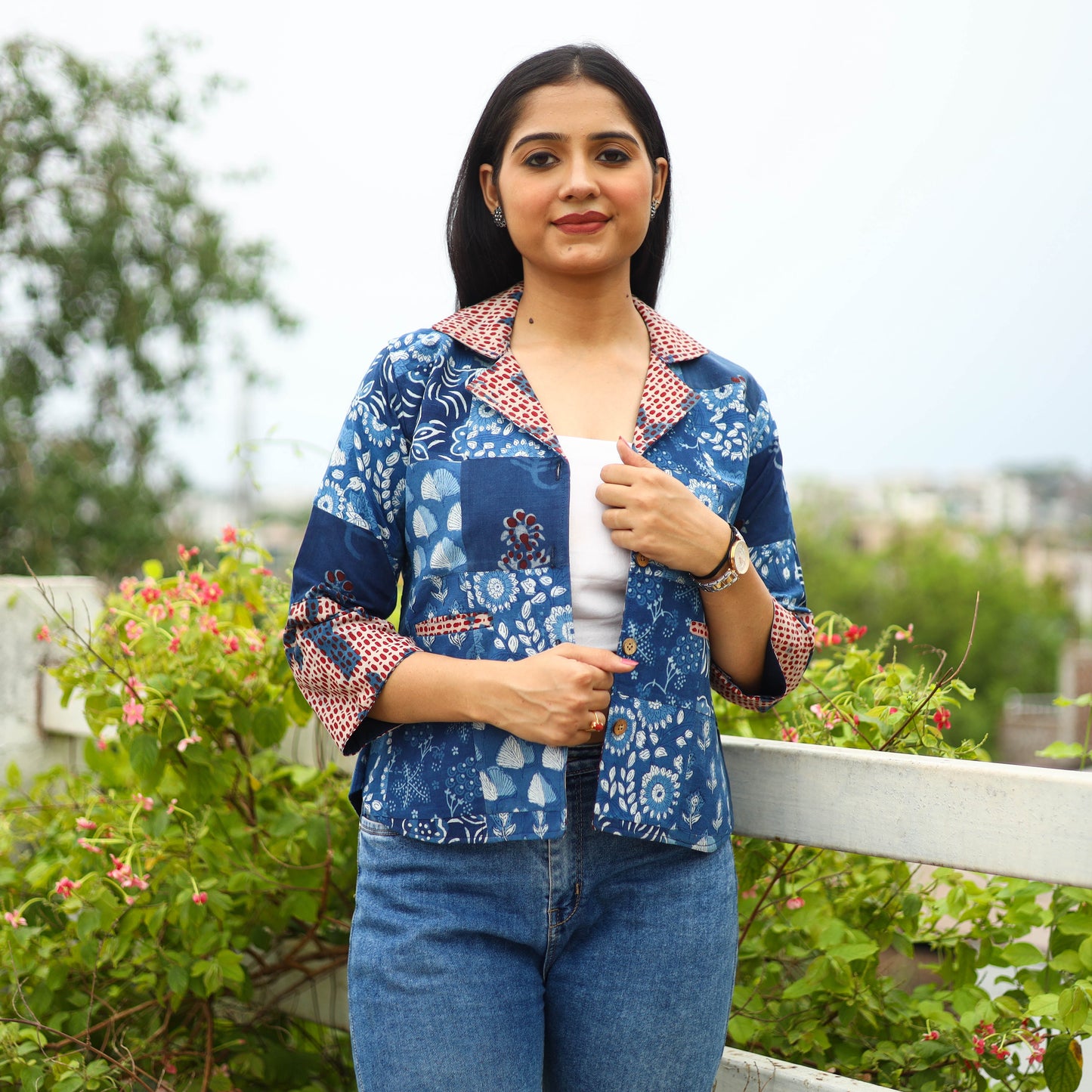  Patchwork Indigo Bagru Print Women's Jacket
