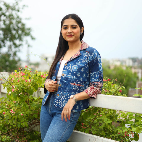  Patchwork Indigo Bagru Print Women's Jacket