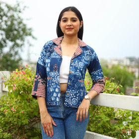  Patchwork Indigo Bagru Print Women's Jacket