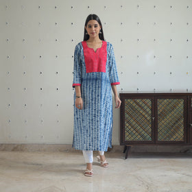 Blue Patchwork Tie & Dye Cotton Straight Shibori Kurta for Women