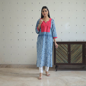 Blue Patchwork Tie & Dye Cotton Straight Shibori Kurta for Women