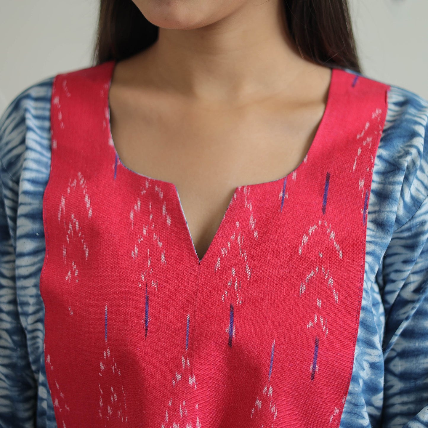 Blue Patchwork Tie & Dye Cotton Straight Shibori Kurta for Women