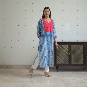 Blue Patchwork Tie & Dye Cotton Straight Shibori Kurta for Women
